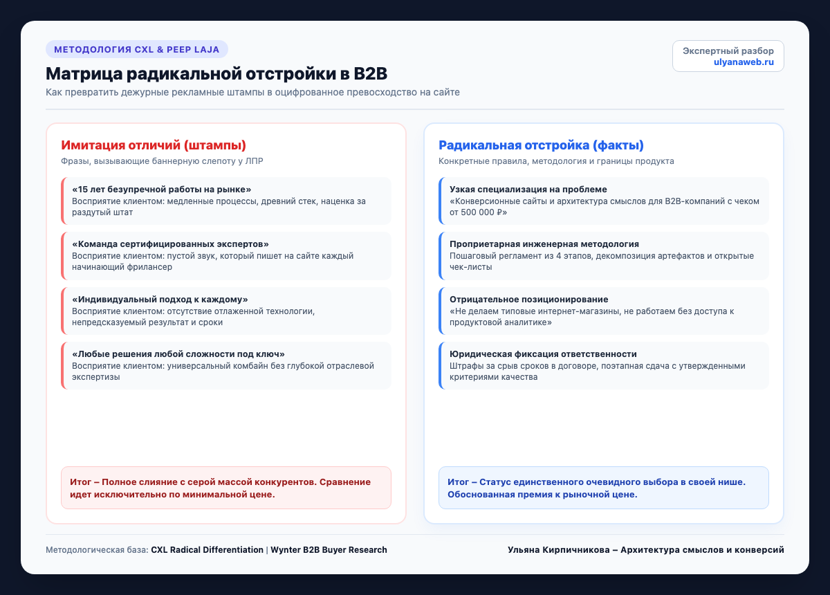 Матрица радикальной отстройки в B2B: как превратить рекламные штампы в оцифрованное превосходство на сайте