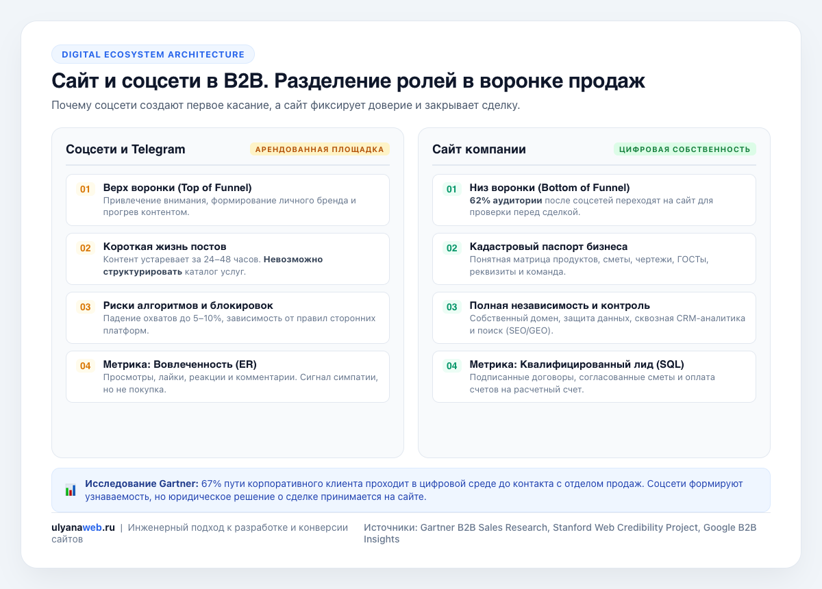 Сайт и соцсети в B2B. Разделение ролей в воронке продаж
